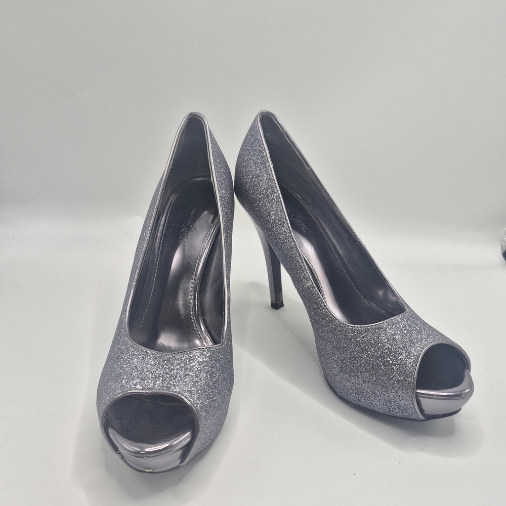 Jacqueline Ferrar Silver Glitter Peep Toe Platform Pumps Heels Womens 7.5M